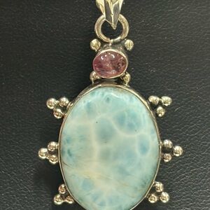 Natural Larimar and Pink Tourmaline 925 Sterling Silver Pendant